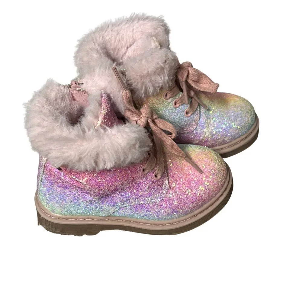 Nicole Miller New York Sparkly Pink and Rainbow Fur Lined Boots Toddler Size 7